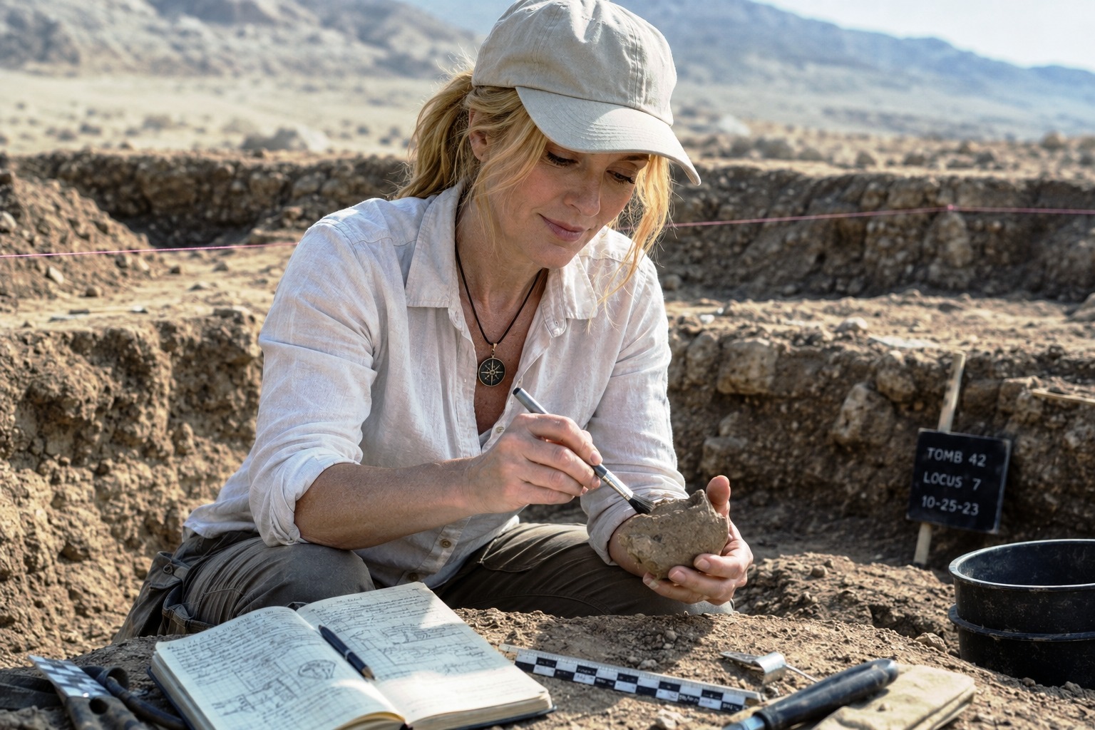 Archaeologist brushing dirt from a pottery fragment at a desert excavation site