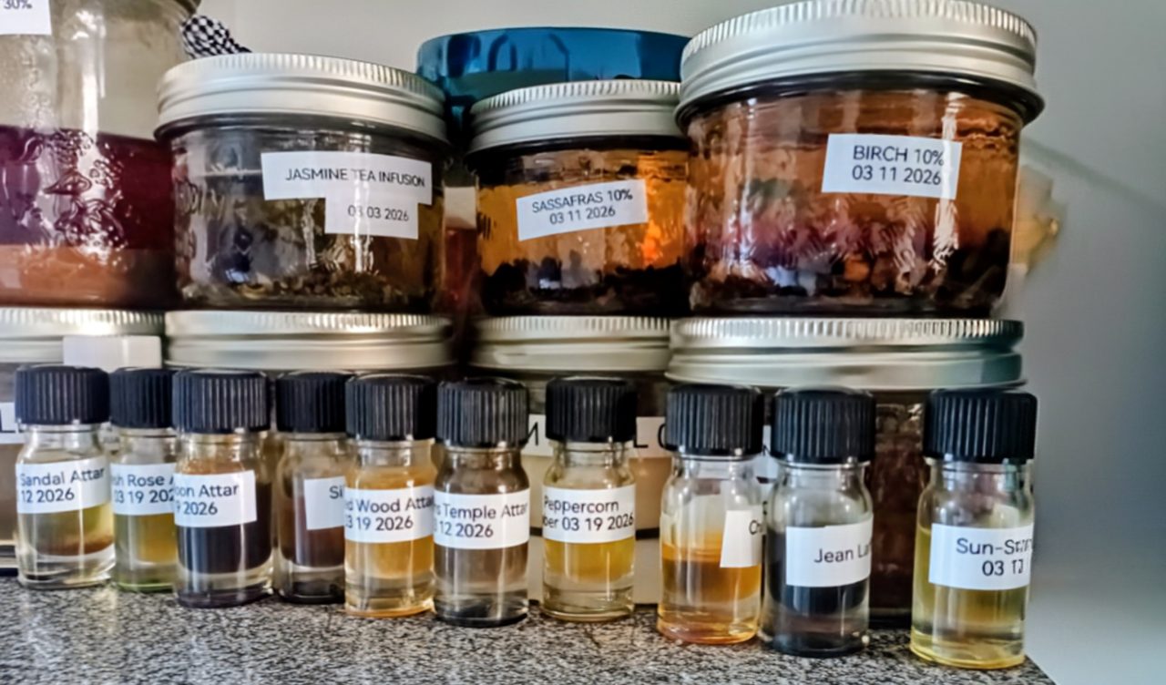 Assorted labelled jars and small bottles of infused oils or extracts on a shelf
