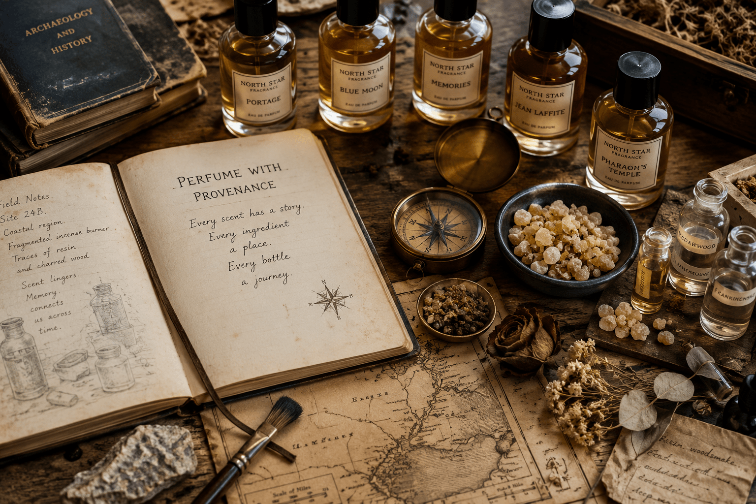 Vintage perfume display with labelled fragrance bottles, open notes, compass, map, and natural ingredients