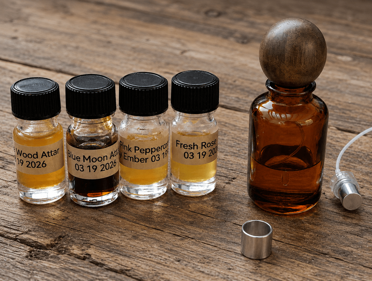 Four small labelled fragrance vials beside an amber perfume bottle with a wooden cap and spray parts on a table