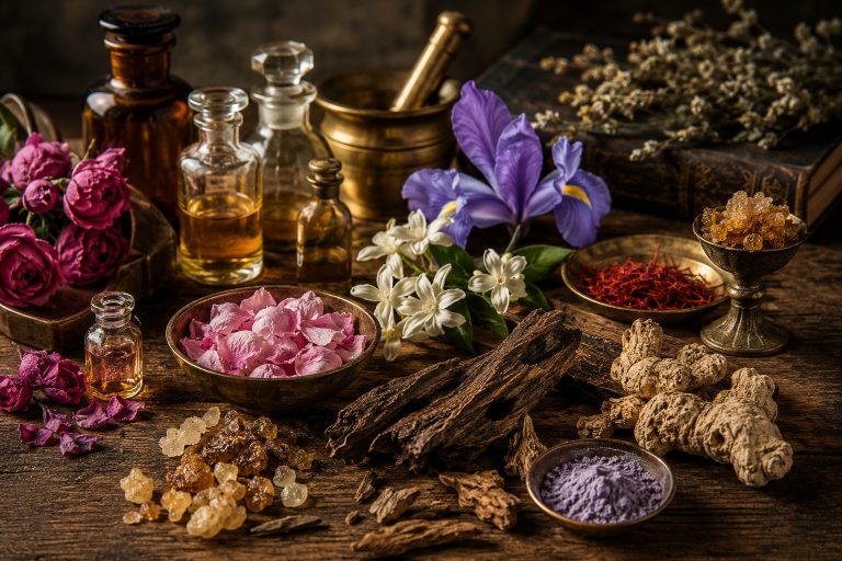 Assorted dried flowers, herbs, resins and glass bottles arranged on a wooden table