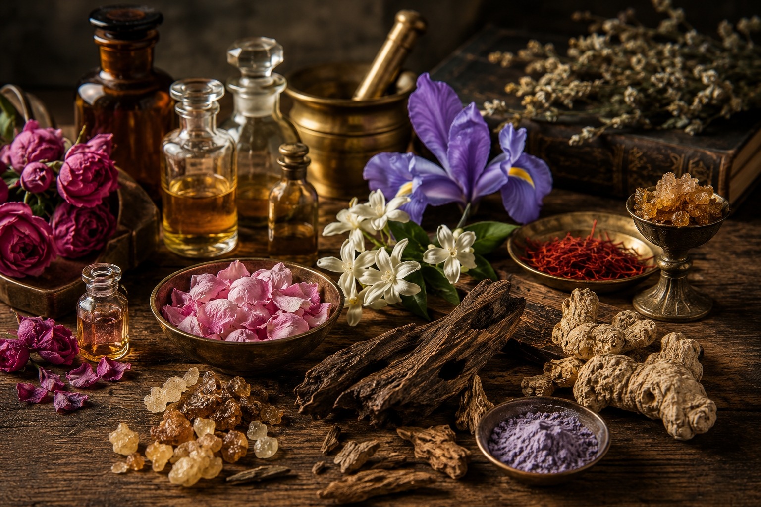 Assorted dried flowers, herbs, resins and glass bottles arranged on a wooden table