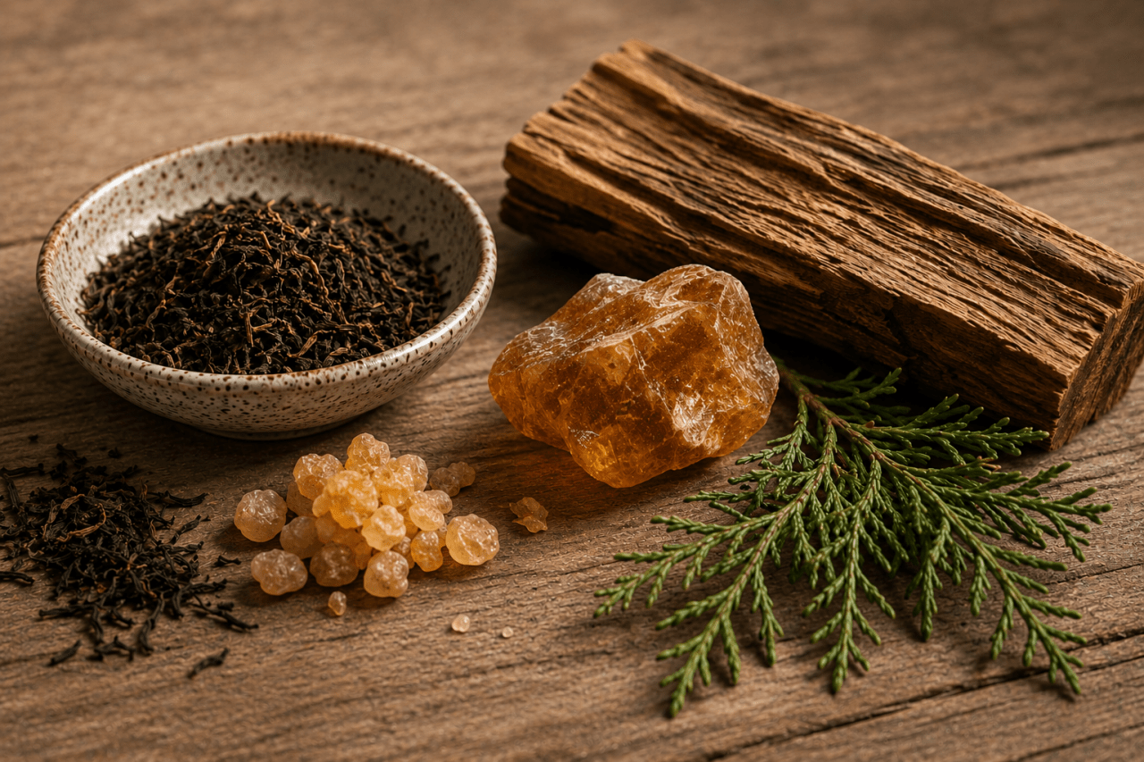 Dried tea leaves, resin crystals, a wood block, and evergreen sprigs on a wooden surface