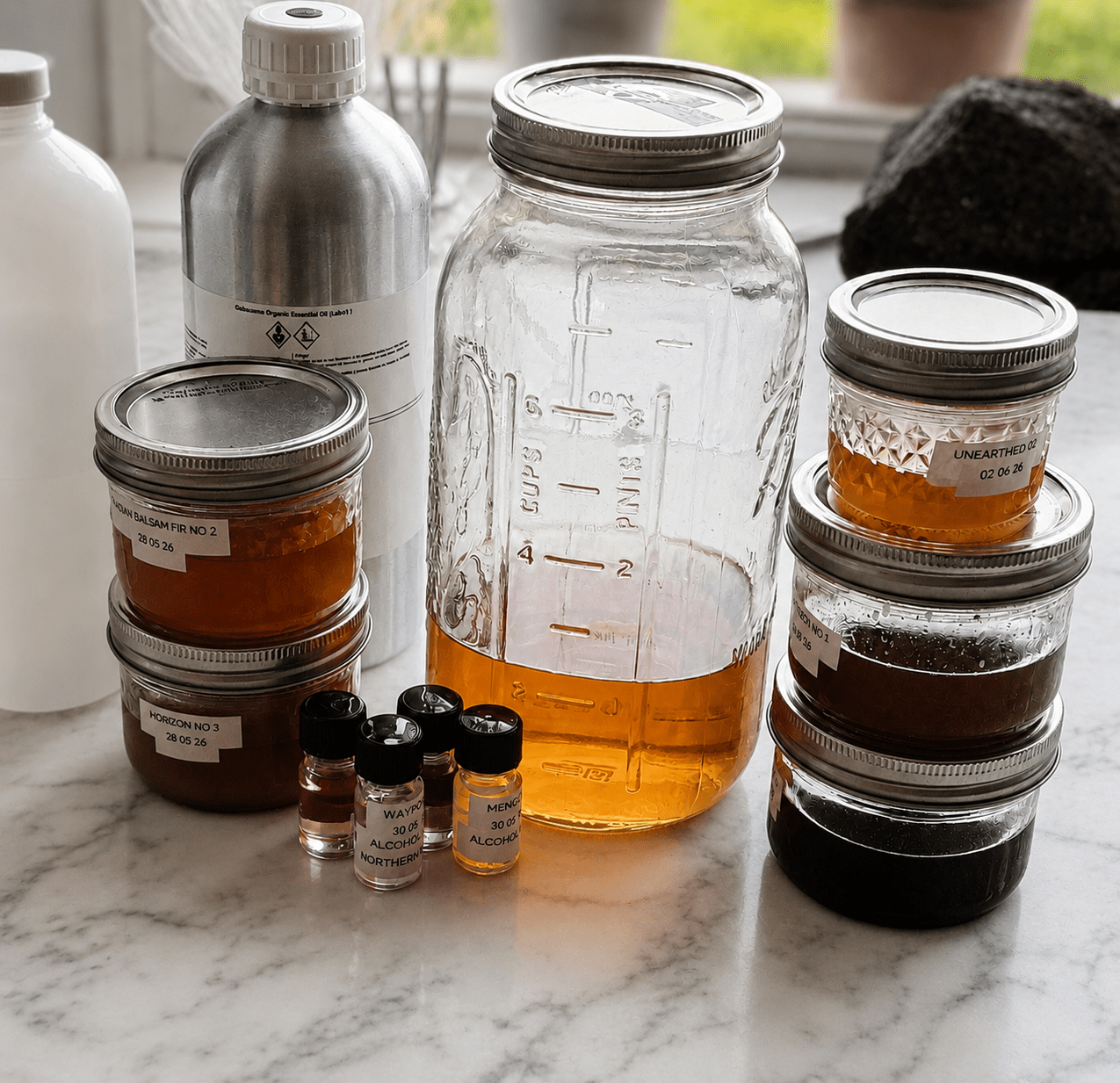 Assorted jars and bottles of amber and dark liquid extracts on a countertop