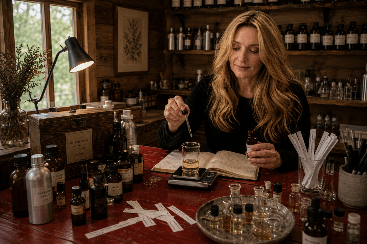 Woman mixing fragrance samples at a perfume-making workbench